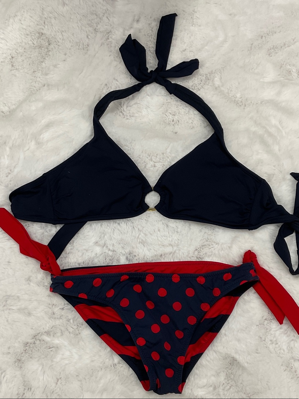Navy & Red Polka Dot Reversable Bikini Set